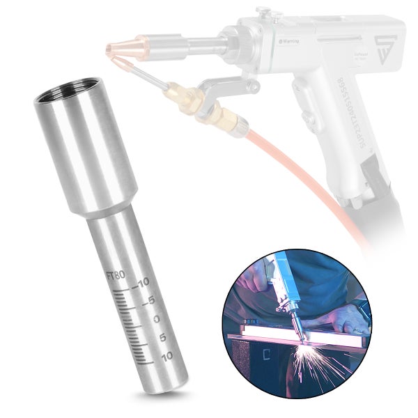 Laser-Schweißdüse aus Edelstahl mit FT80 Markierung und Skala, einzeln und im Einsatz mit einem handgeführten Lasergerät dargestellt.