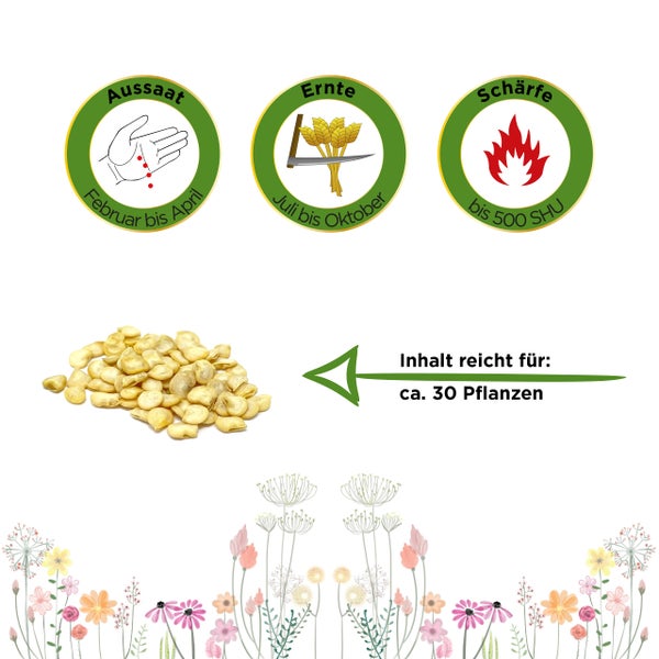 Aussaat von Februar bis April, Ernte von Juli bis Oktober, Schärfegrad bis 500 Scoville, Inhalt reicht für circa 30 Pflanzen.