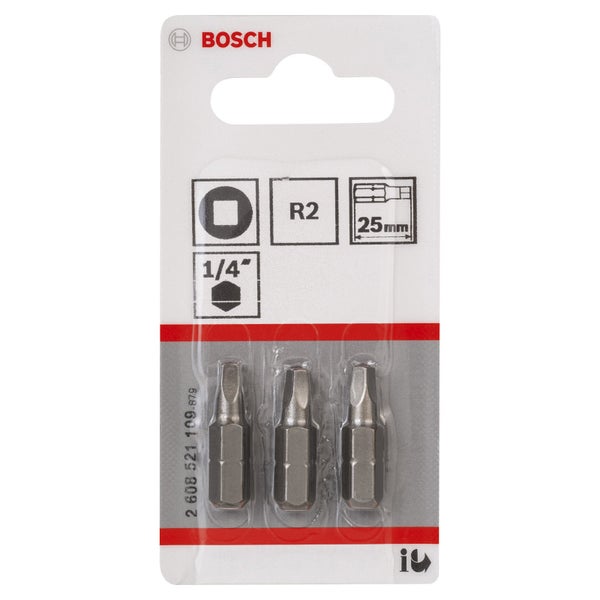 Bosch Logo. Packung mit drei R2 Schrauberbits, 25 Millimeter Länge und 1/4 Zoll Aufnahme.