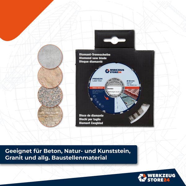 Werkzeug Store24 Diamanttrennscheibe für Beton, Naturstein, Kunststein und Baustellenmaterial