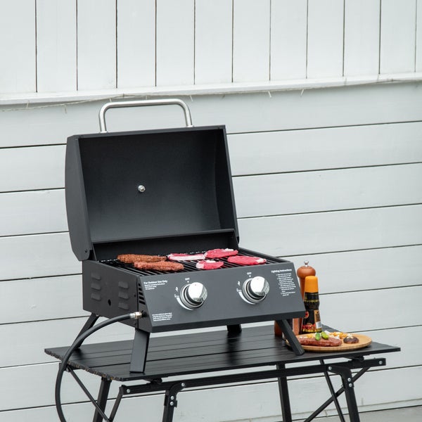 Outsunny Gasgrill, Tischgrill, mit Druckminderer und Schlauch, 55 x 46,5 x 41 cm, Edelstahl, Schwarz