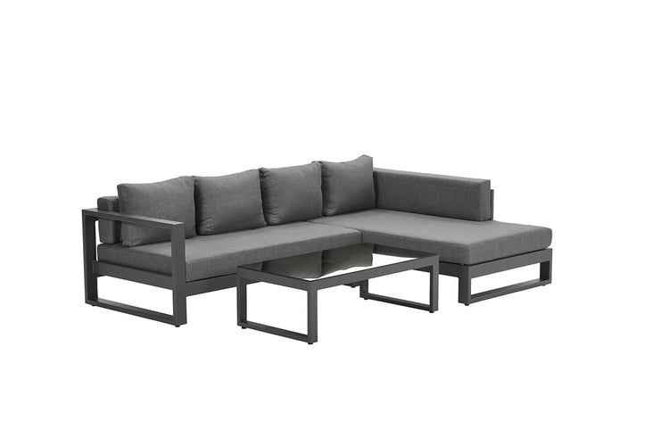 Modernes Garten-Lounge-Set mit Ecksofa und Couchtisch mit Glasplatte, dunkelgrauer Rahmen und graue Sitzpolster.