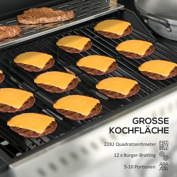 Outsunny Gasgrill 3 KW 3+1 Brenner BBQ Grillwagen aus Edelstahl inkl Seitenbrenner Thermometer Grillrost Kochfeld Flaschenöffner Seitenablagen Gas-Grill für Balkon Camping 123 x 52 x 101cm