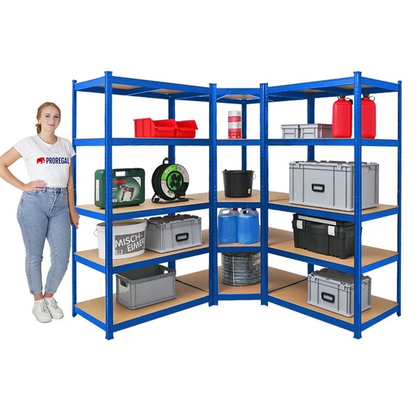 PROREGAL Mega Deal 1 x Eckregal & 2x Schwerlastregal Taurus HxBxT 180 x 180 x 60 cm Fachlast 175 kg Blau Kellerregal Steckregal Garagenregal