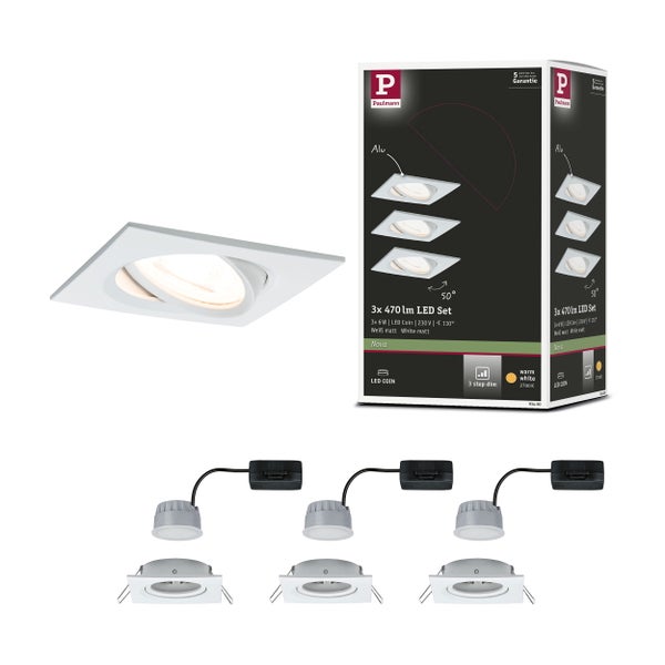 LED Einbauleuchte 3-Step-Dim Nova Coin 3-Step-Dim Basisset schwenkbar eckig 84x84mm 50° Coin 3x6W 3x470lm 230V dimmbar 2700K Weiß matt