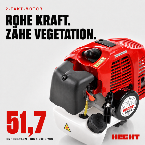 Hecht 2-Takt-Motor Modell 152 BTS mit 51,7 Kubikzentimeter Hubraum und bis zu 9.200 Umdrehungen pro Minute. Hecht Logo.
