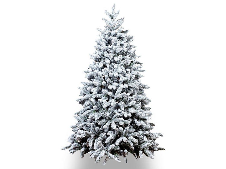 Künstlicher, beschneiter Weihnachtsbaum mit dichten Nadelzweigen für eine festliche Weihnachtsdekoration.