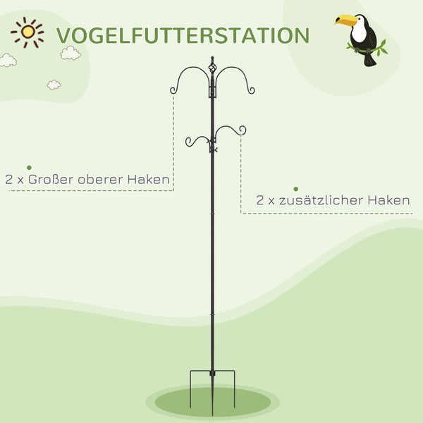 PawHut Vogel Futterstation 208 cm Höhe inkl. 4 Haken Futterteller Vogeltränke Vogelfutterspender Station Vollständiges Futtersäulen Stahl Schwarz
