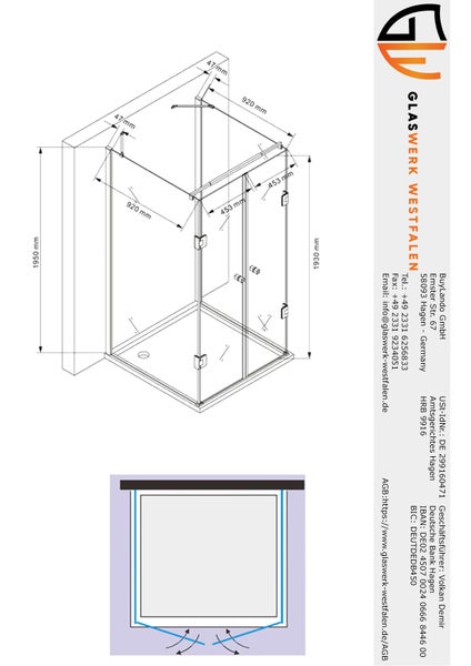 Technische Zeichnung einer Duschkabine mit Maßen