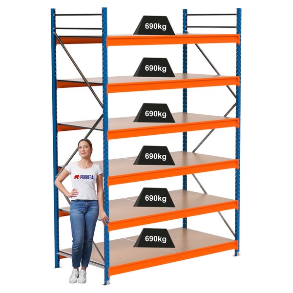 Lagerregal mit sechs Regalböden und einer maximalen Traglast von 690 Kilogramm pro Boden.