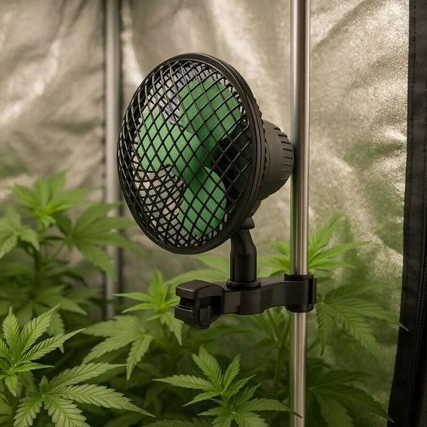 Schwarzer Clip-Ventilator mit grünen Flügeln, an einer Stange in einer Growbox über grünen Pflanzen montiert, zur Luftzirkulation.