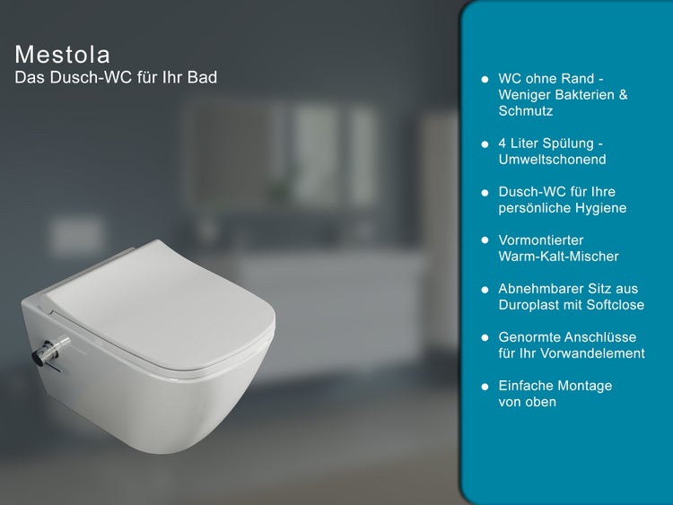 Aqua Bagno Mestola Hänge-Dusch-WC – Spülrandlos mit Taharet-Funktion & Softclose WC-Sitz – Weiß – S.9856.9861