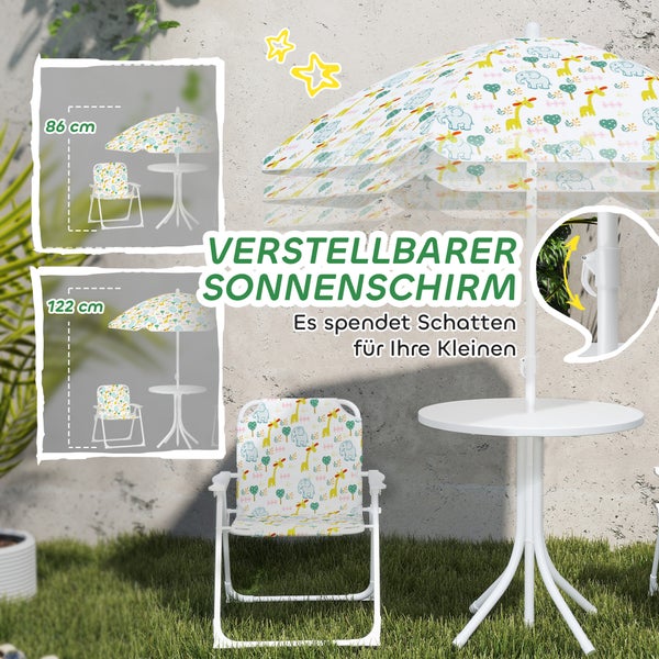 Verstellbarer Sonnenschirm mit Tisch und Stuhl für Kinder mit Tiermotiven