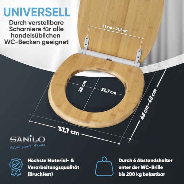 Sanilo WC-Sitz aus Bambus mit verstellbaren Scharnieren, universell passend für handelsübliche WC-Becken inklusive Maßangaben.