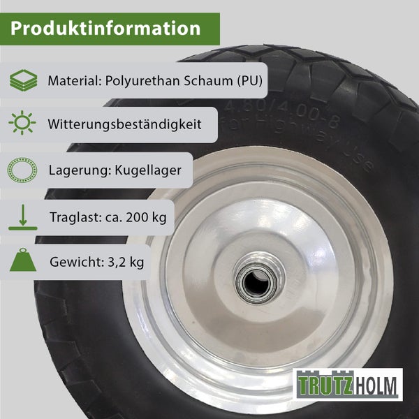 Trutzholm Schubkarrenrad aus Polyurethan Schaum mit Kugellager, Traglast 200 Kilogramm, 4.80 4.00 8 Zoll Größe.
