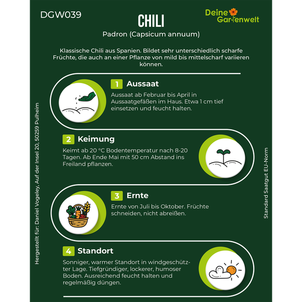 Anbauanleitung Chili Padron: Aussaat Februar bis April, Keimung ab 20 Grad, Ernte Juli bis Oktober, sonniger Standort. Deine Gartenwelt Logo.