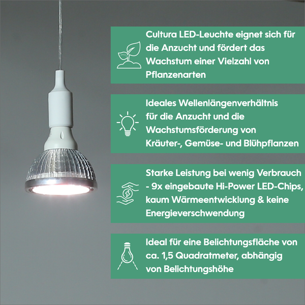 Parus by Venso LED Pflanzenlampe Vollspektrum Cultura LED Lampe E27 18W 60°, Wachstumslampe für Pflanzen wie Kräuter-, Gemüse- und Blühpflanzen, Parus Pflanzenlampe LED Vollspektrum Pflanzenlicht
