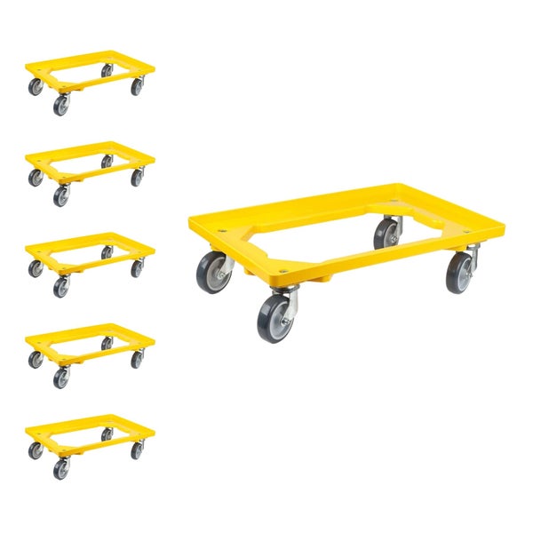 PROREGAL SparSet 6x Transportroller für Euroboxen 60 x 40 cm mit Gummiräder Gelb Offenes Deck 4 Lenkrollen Traglast 300 kg