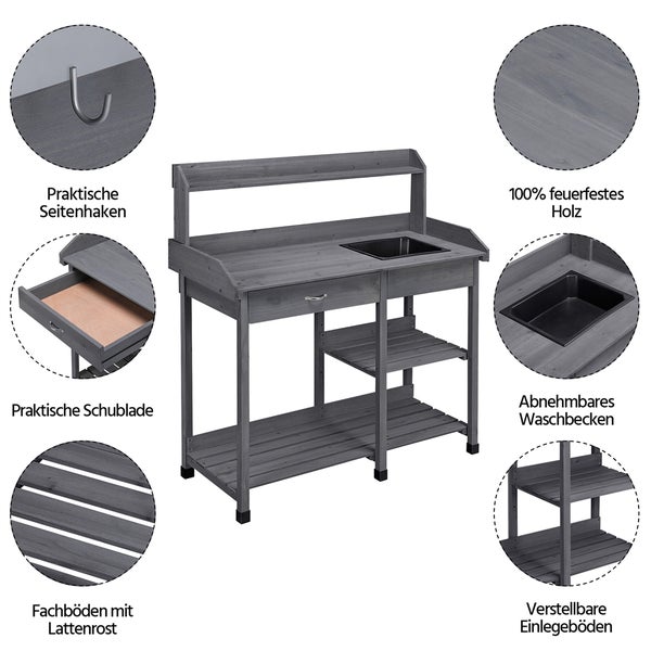 Gartentisch aus Holz mit Spülbecken, Schublade, Haken und Ablagefächern