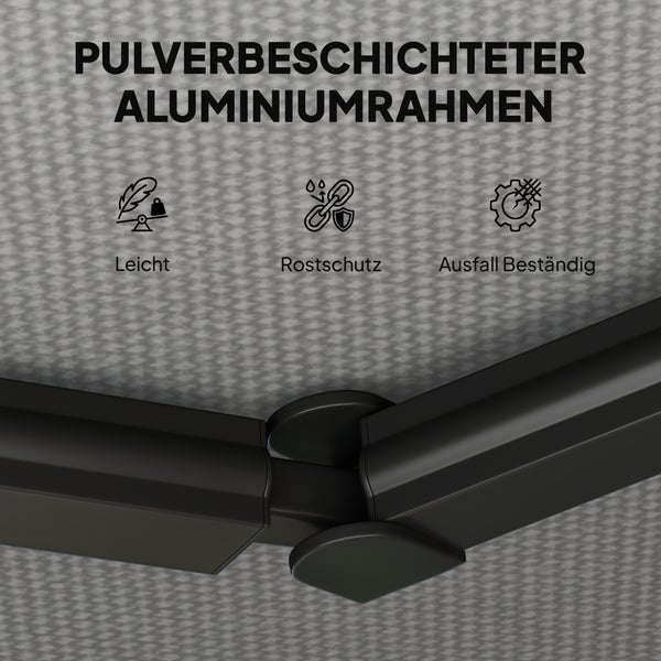 Pulverbeschichteter Aluminiumrahmen mit Symbolen für geringes Gewicht, Rostschutz und Beständigkeit.