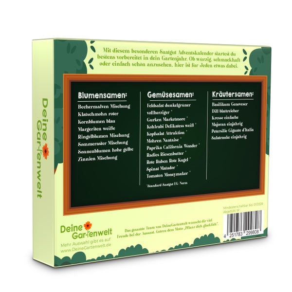 Rückseite eines Saatgut-Adventskalenders mit einer Liste der enthaltenen Blumen-, Gemüse- und Kräutersamen, Logo Deine Gartenwelt und Barcode.