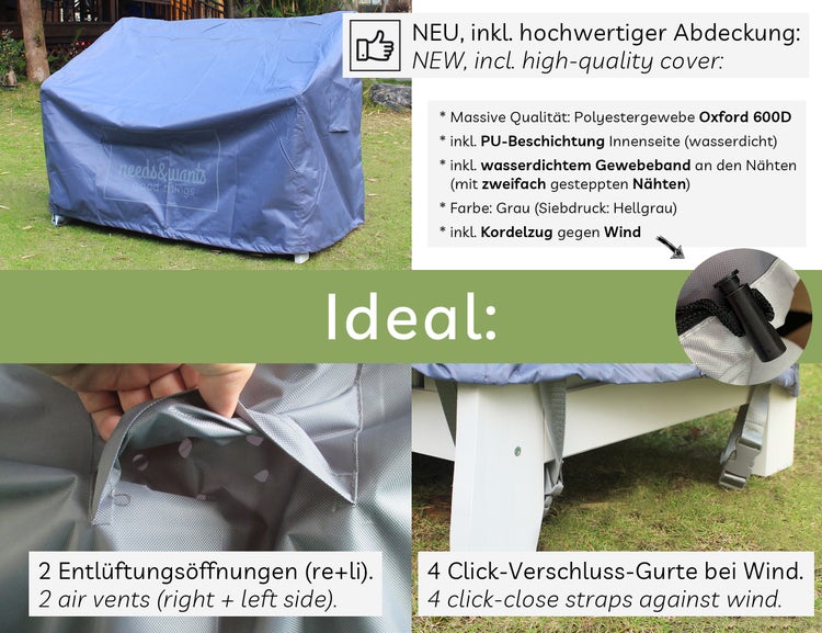 needs&wants® Gartenbank Holz wetterfest mit Stauraum und Abdeckung, 2-Sitzer Truhenbank Holzbank klassisch, Parkbank Sitzbank massiv Garten Outdoor mit Truhe, Naturholz Massivholz, weiß