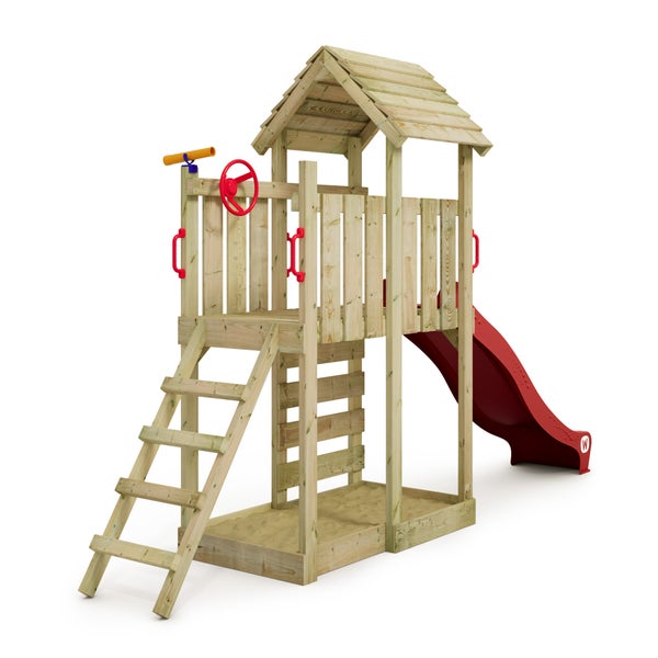 WICKEY Spielturm Klettergerüst JoyFlyer mit Rutsche, Kletterturm mit Sandkasten, Leiter und Spiel-Zubehör - rot