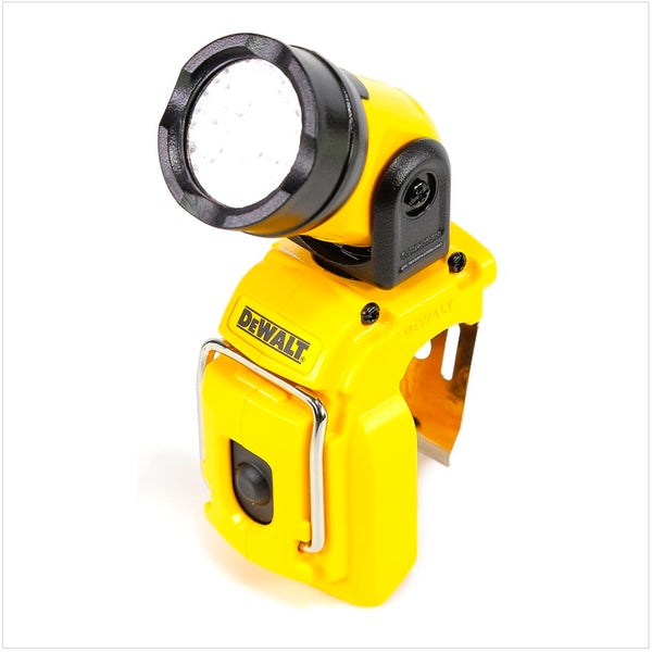 DeWalt Akku-LED-Arbeitsleuchte in Gelb und Schwarz mit schwenkbarem Kopf und Metallclip.