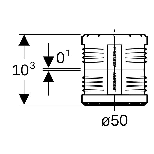 Technische Zeichnung einer Doppelmuffe mit Geberit Logo, einem Durchmesser von 50 Millimeter und einer Länge von 103 Millimeter.