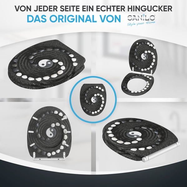 Sanilo Toilettensitz mit Zen-Garten-Motiv, Yin-Yang-Symbol und Steinen in Ansichten: geschlossen, geöffnet und Unterseite. Sanilo-Logo.