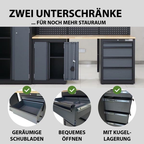 Werkbank mit zwei Unterschränken und Schubladen für mehr Stauraum