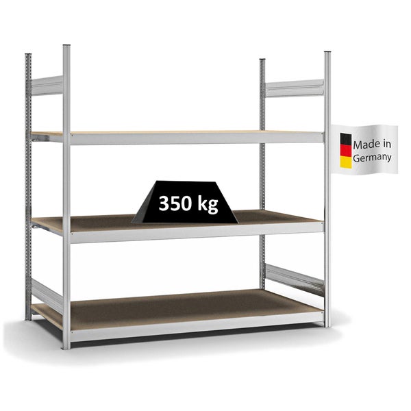 PROREGAL Weitspannregal Stecksystem T-Profil Grundregal HxBxT 200x200x80 cm 3 Ebenen Spanplatten Fachboden Fachlast 350 kg Verzinkt