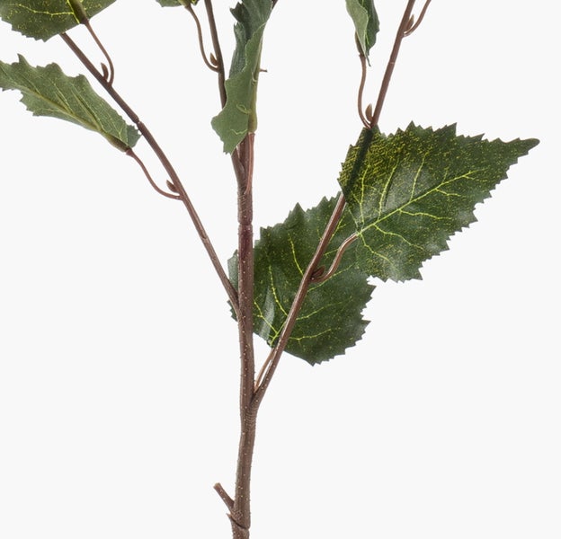 Geflochtener Pflanzkorb aus Weide mit einer weißen Hortensie und grünen Blättern.