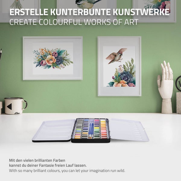 ECD Germany Aquarellfarben Set 48 Farben in tragbarer Box, inkl. 3 Pinsel, 1 Bleistift 2B, 2 Aquarellstift, 4 Aquarellpapier, Vollaquarell-Palette, Malkasten, Wasserfarben Set für Anfänger und Profis