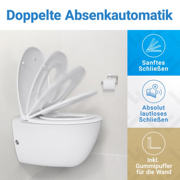 Wandhängendes WC mit doppelter Absenkautomatik für sanftes, lautloses Schließen von Deckel und Sitz sowie Gummipuffer zum Schutz der Wand.