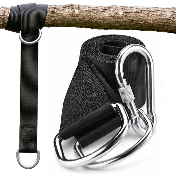 Schaukelbefestigungsset mit schwarzen Gurten aus Polyester, Metallringen und zwei massiven Karabinern.