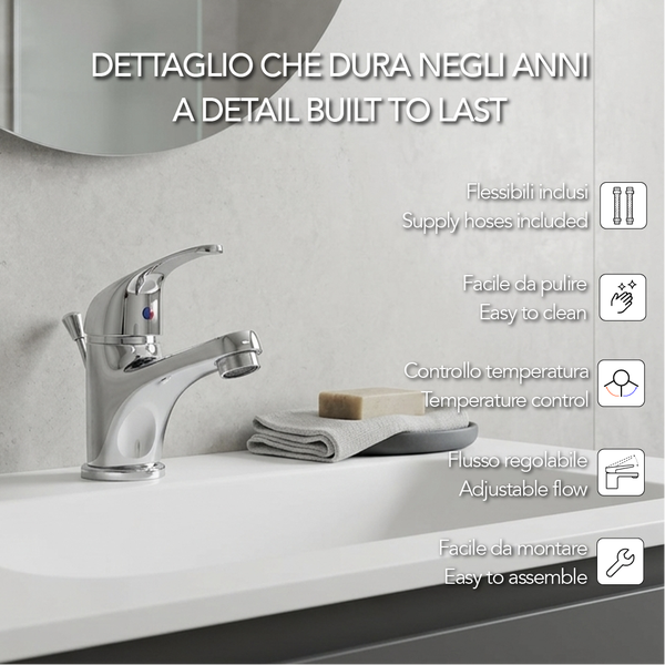 Einhebel-Waschtischarmatur im Badezimmer mit Symbolen für Anschlussschläuche, Reinigung, Temperaturregelung, Wasserfluss und Montage.