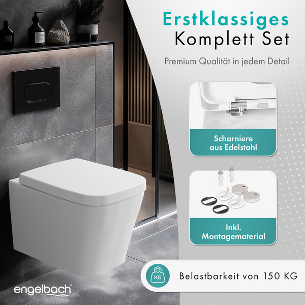 Engelbach® WC-Sitz Eckig mit Absenkautomatik (Einfache Montage) Antibakteriell dank Urea-Duroplast