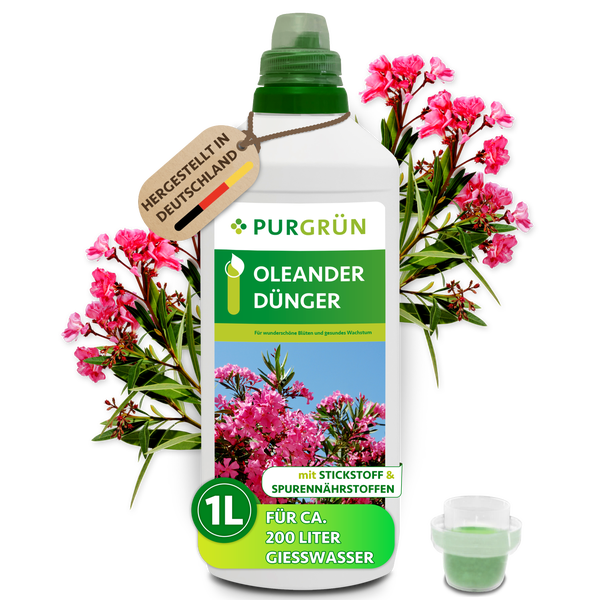 Purgrün Oleanderdünger, 1 Liter Flasche Flüssigdünger mit Stickstoff und Spurennährstoffen für circa 200 Liter Gießwasser, hergestellt in Deutschland.