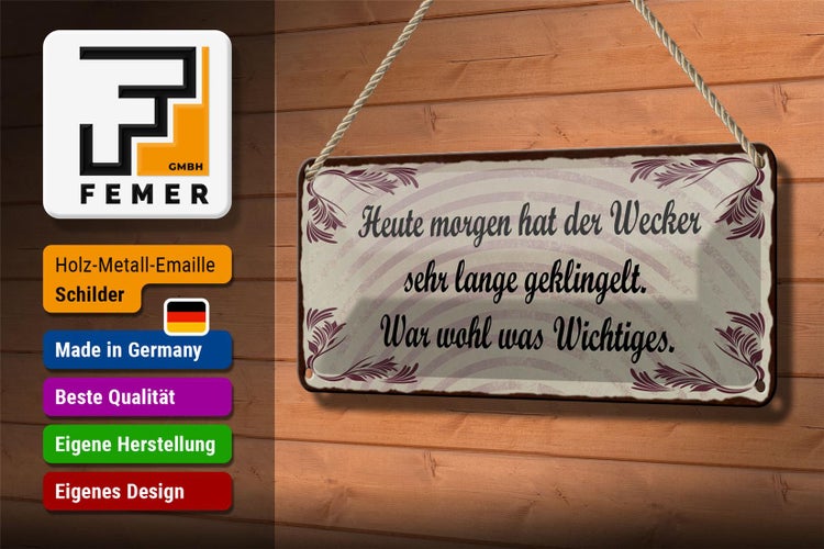 Blechschild Spruch 27x10cm heute morgen Wecker geklingelt Dekoration