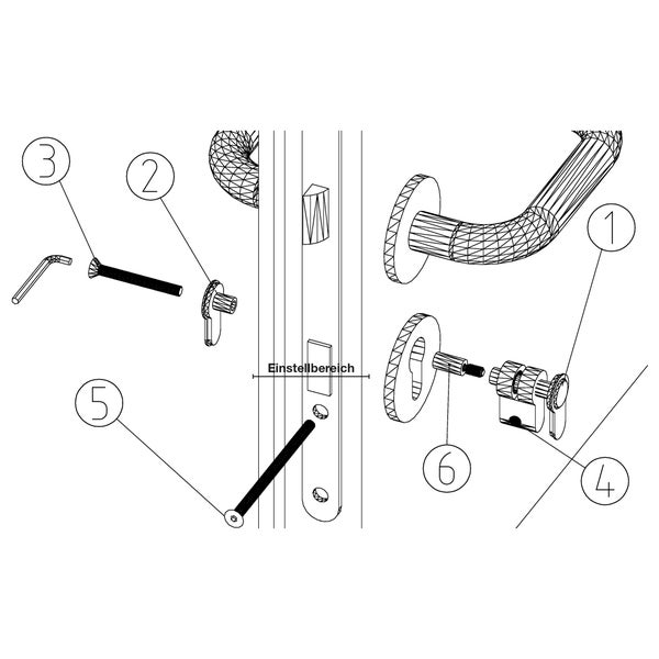 Darstellung eines Türdrücker-Sets mit Montageteilen.