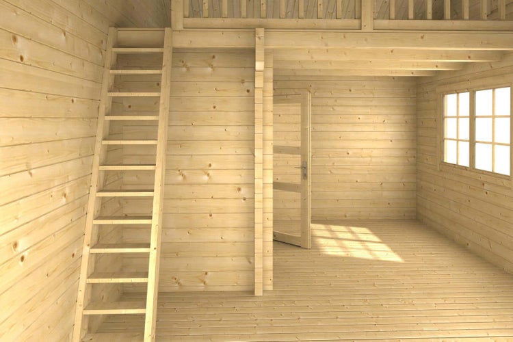 Innenansicht eines hellen Gartenhauses aus Holz mit Leiter zum Schlafboden, Fenster und Tür.