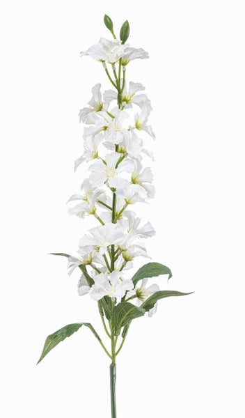 Künstliche Blume, weißer Rittersporn Zweig mit grünen Blättern.