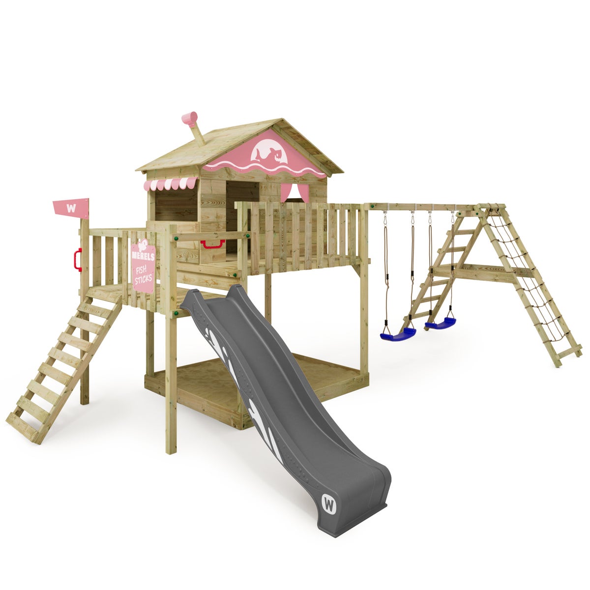 WICKEY Spielturm Klettergerüst Smart Ocean mit Schaukel und Rutsche, Stelzenhaus mit Sandkasten, Kletterleiter und Spiel-Zubehör – pastellpink