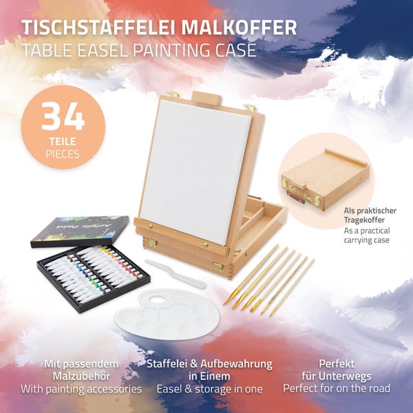 ECD Germany 34tlg. Acryl Malset mit Staffelei, Acrylfarben Set mit Kofferstaffelei, 24 Acrylfarbe, Keilrahmen, Leinwand, Pinsel und Malzubehör, Tischstaffelei, Holz Malkoffer, für Künstler & Anfänger