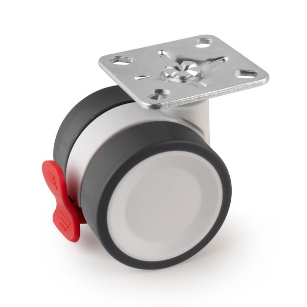 Möbel-Doppelrolle in Grau und Weiß mit Metall-Anschraubplatte und rotem Feststeller.