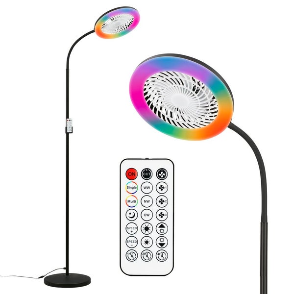 Schwarze Stehleuchte mit integriertem Ventilator, RGB-Farbwechsel-Ring und Fernbedienung für Licht- und Gebläseeinstellungen.