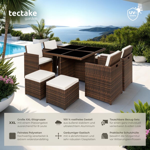 Rattan Sitzgruppe tectake Manhattan 2 Bezugssets, zusammenschiebbar, inklusive Schutzhülle mit Aluminiumgestell schwarz/braun
