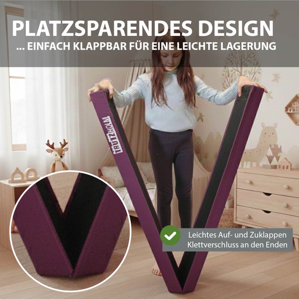 Klappbarer Schwebebalken für Kinder von Trutzholm, platzsparendes Design zum einfachen Verstauen mit Klettverschluss.