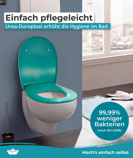 Wand-WC mit aufklappbarem Urea-Duroplast WC-Sitz in modernem Design für mehr Hygiene im Badezimmer.
